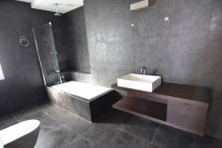Bathroom with black wall tiles
