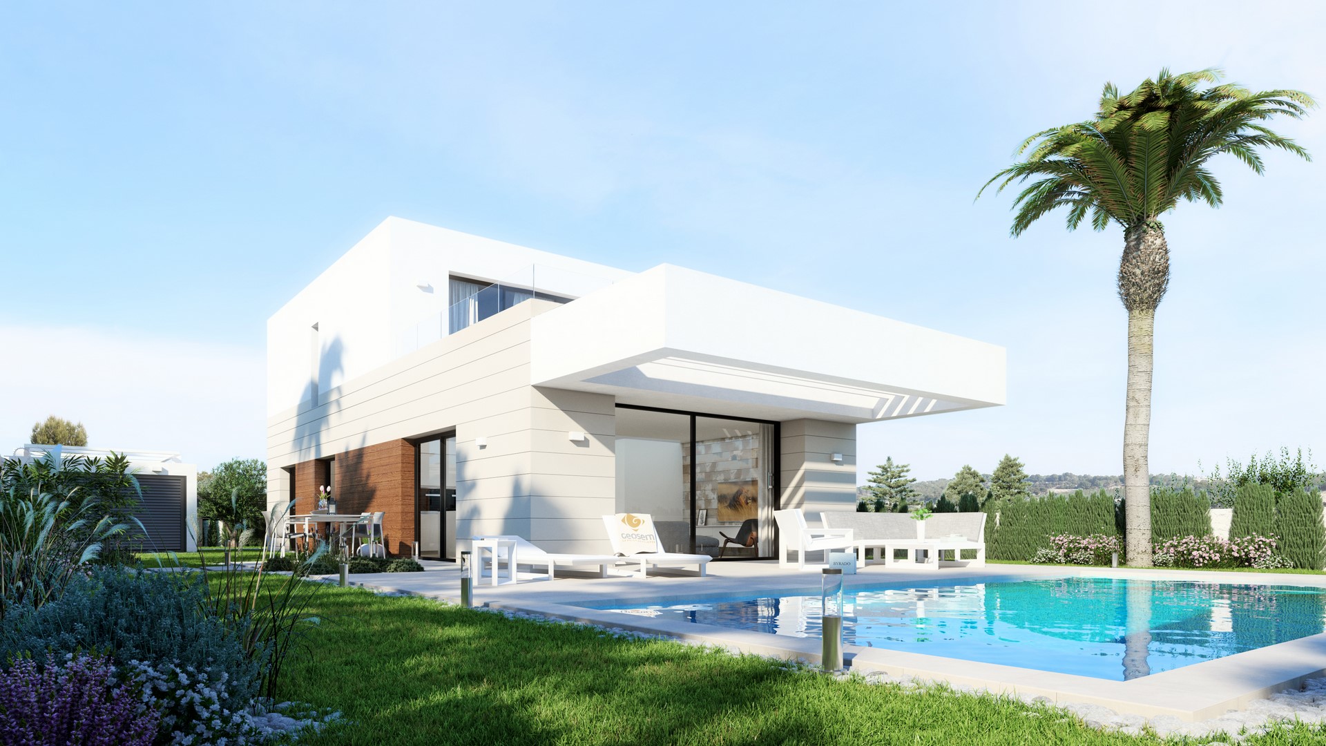 Modern villas being constructed with private pools.